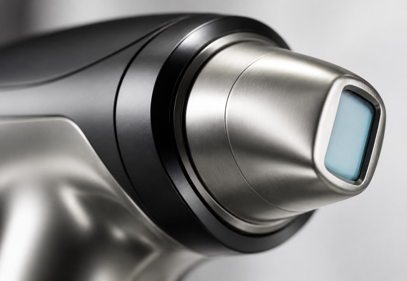 Macro detail of a titanium treatment handpiece with sapphire cooling window